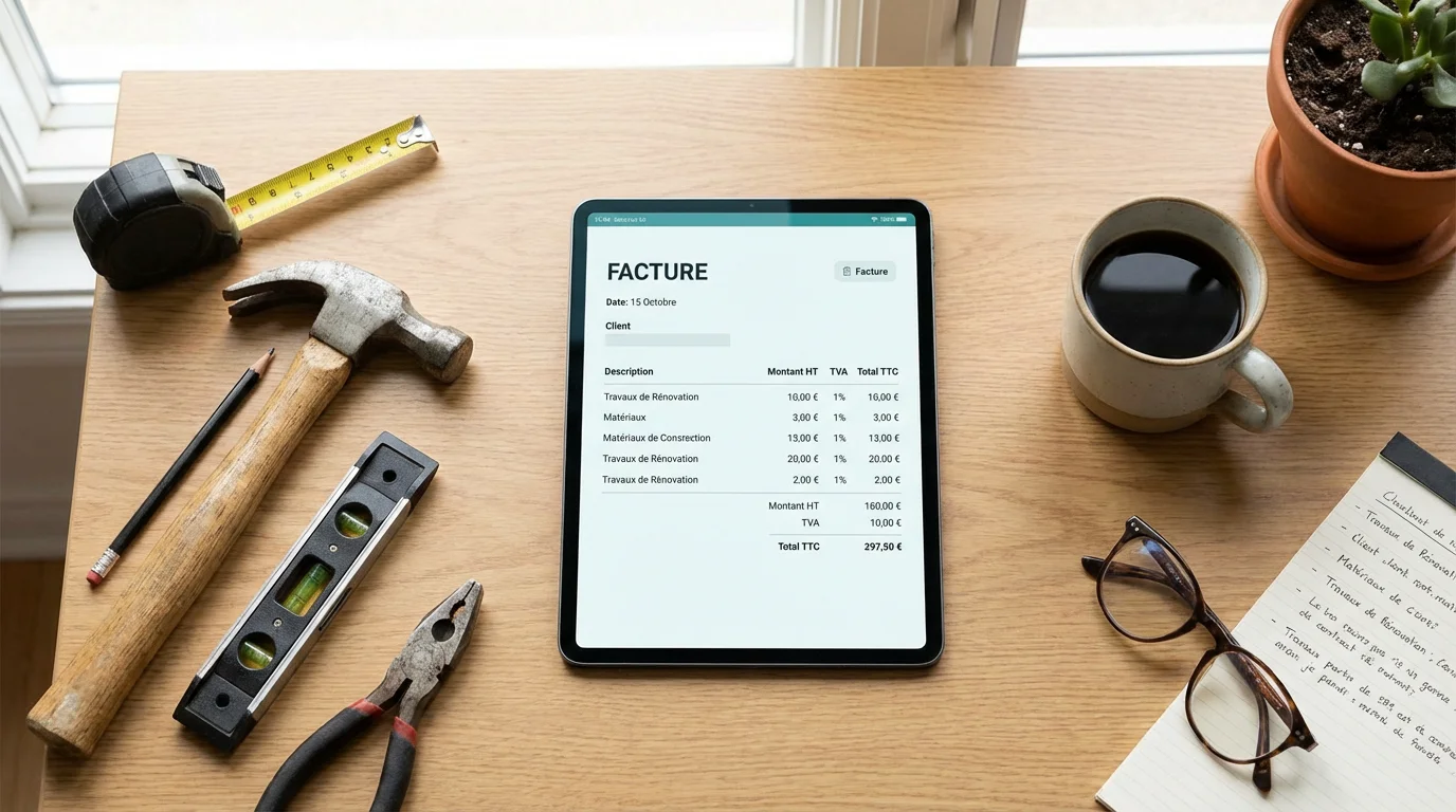 Bureau d'artisan avec tablette affichant un outil de facturation micro SaaS