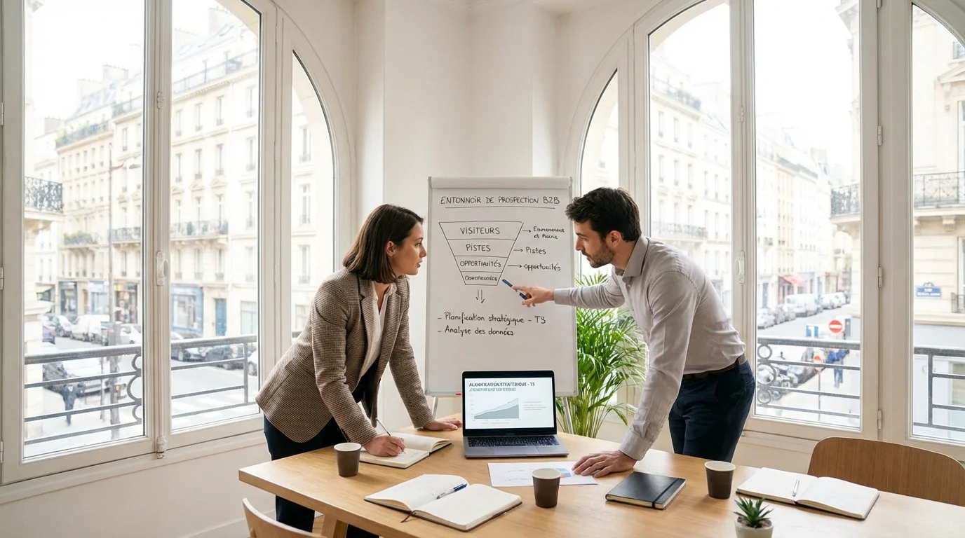 Deux professionnels B2B collaborant sur une stratégie de génération de leads qualifiés