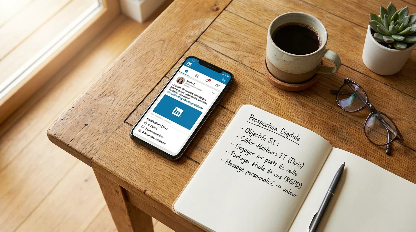 Espace de travail d'un professionnel B2B avec LinkedIn et notes de prospection