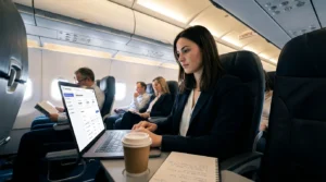 Fondatrice européenne créant un SaaS no code depuis un avion, illustrant le lancement rapide