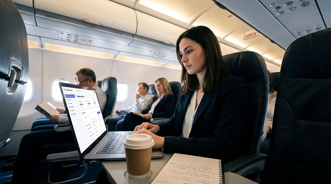 Fondatrice européenne créant un SaaS no code depuis un avion, illustrant le lancement rapide