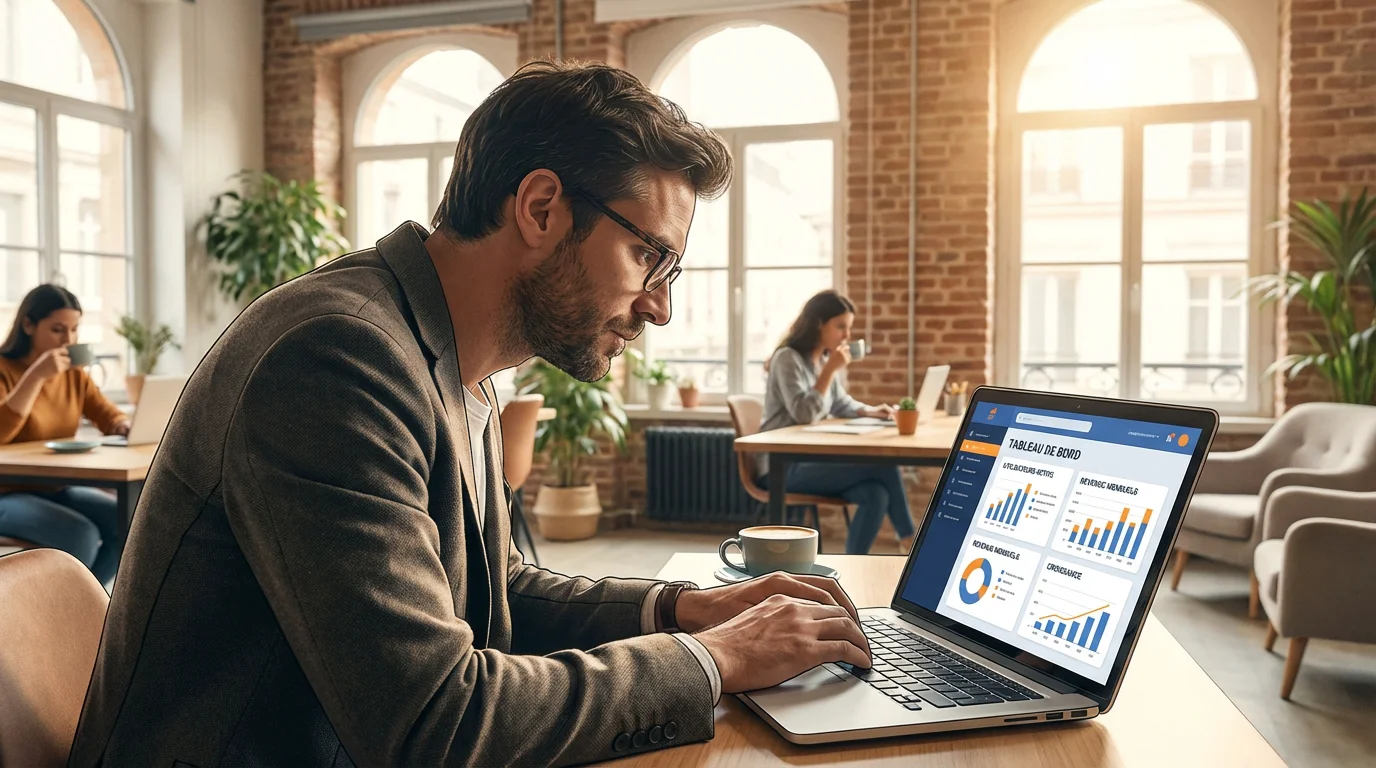 Entrepreneur français travaillant sur un SaaS no code dans un espace de coworking moderne