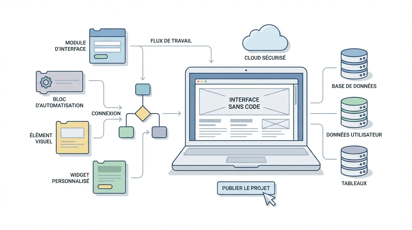Illustration d'outils no code pour créer un SaaS avec des blocs visuels et des connecteurs