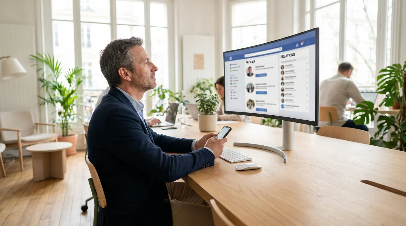 Professionnel européen consultant des profils de réseaux sociaux dans un espace de coworking moderne