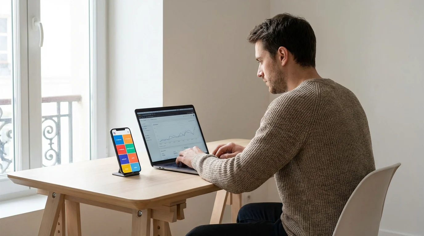 Entrepreneur français consultant une page de lien en bio sur smartphone