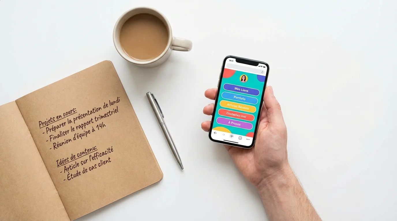 Vue en plongée d'un bureau avec smartphone affichant une page de liens