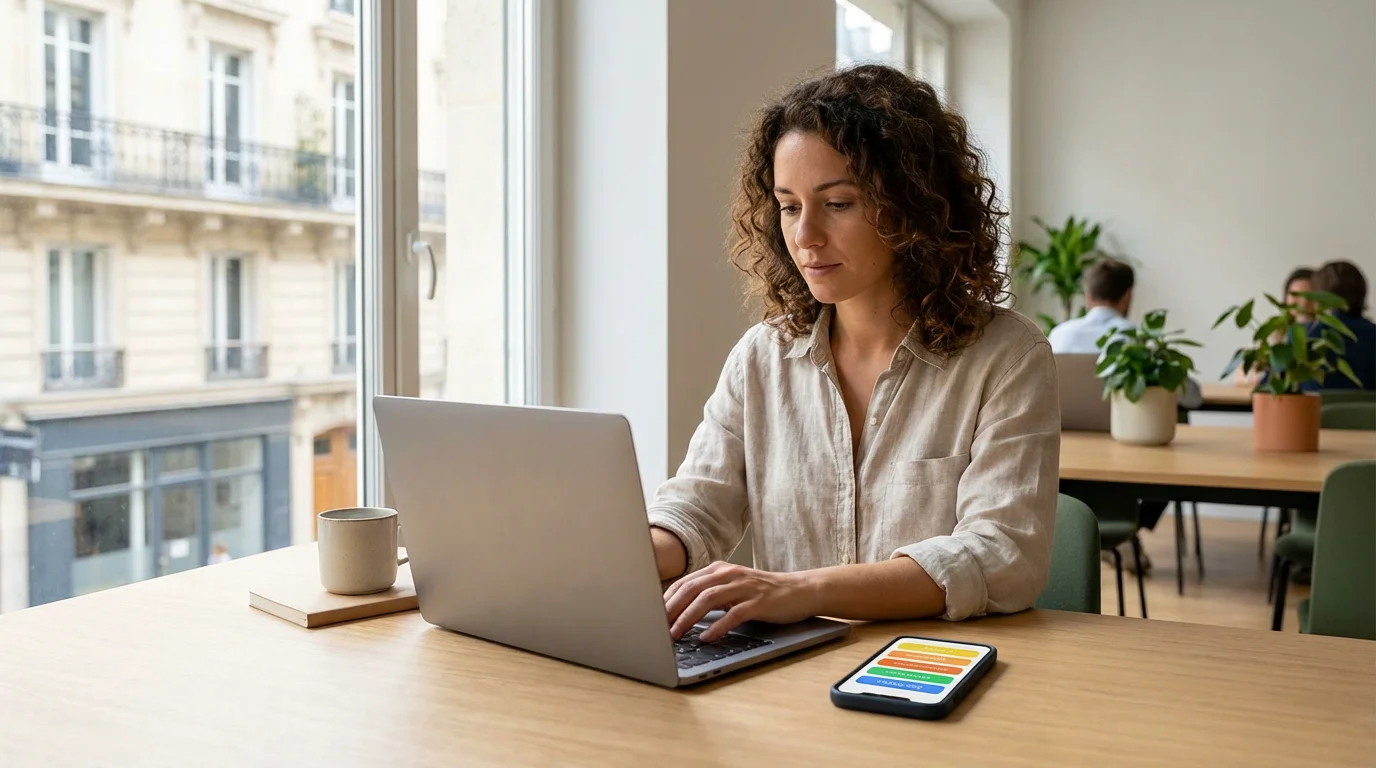 Créateur français utilisant un outil link in bio sur son ordinateur et son smartphone