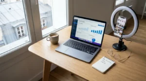 Espace de travail d'un micro-influenceur avec ordinateur portable, smartphone et éclairage professionnel