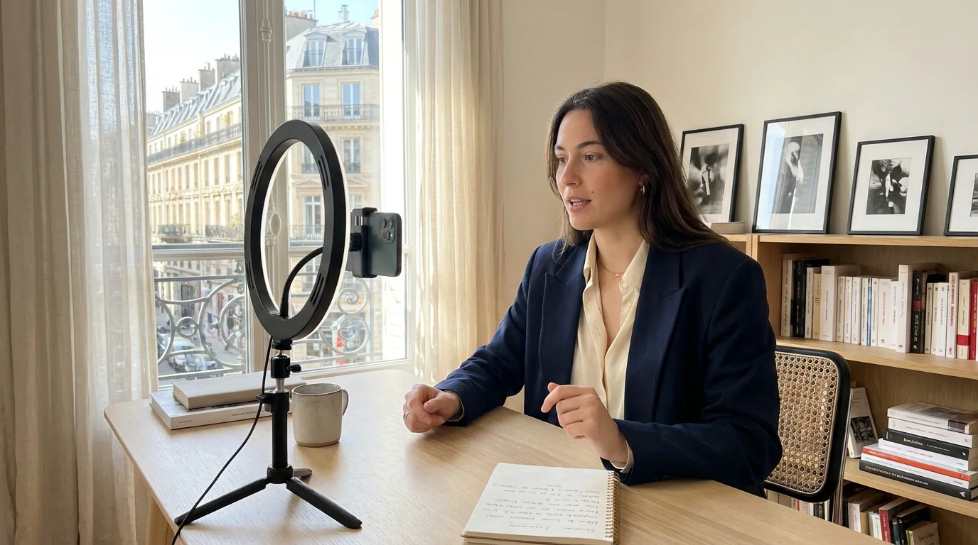 Micro-influenceur européen enregistrant du contenu vidéo dans un bureau à domicile lumineux