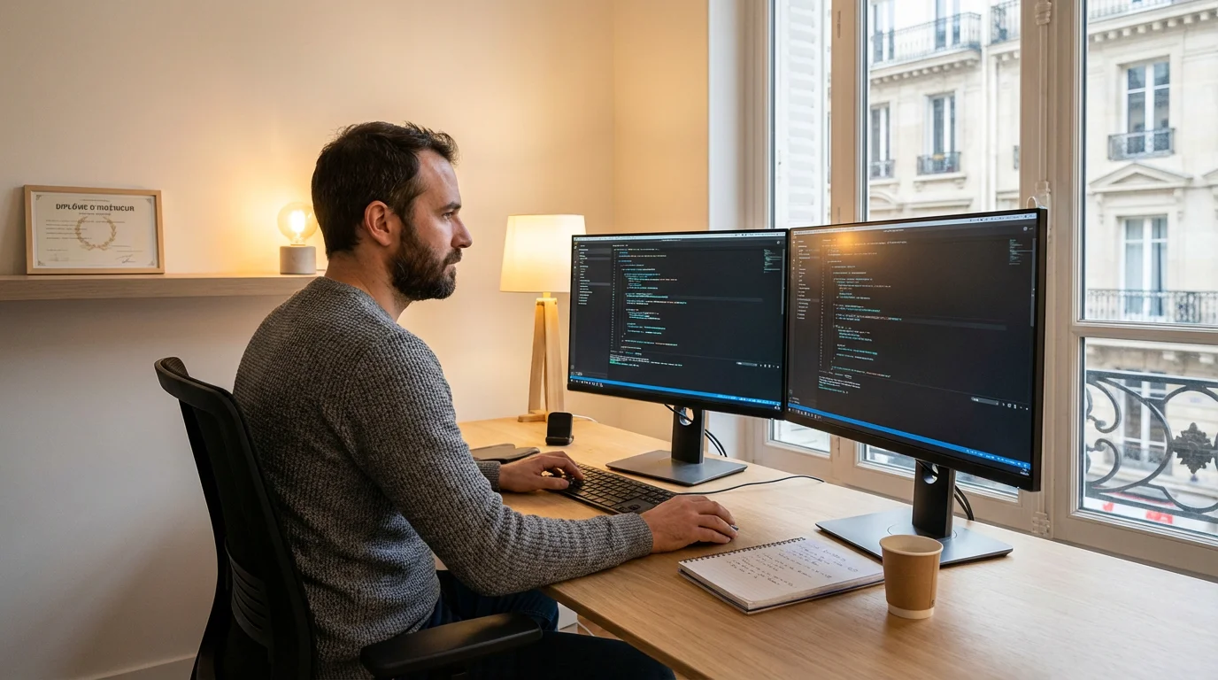 Développeur utilisant un IDE augmenté par IA pour coder un SaaS