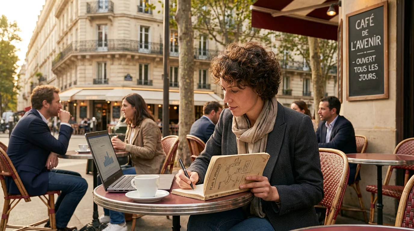 Entrepreneur planifiant le lancement d'un business en ligne sans investissement depuis un café en France