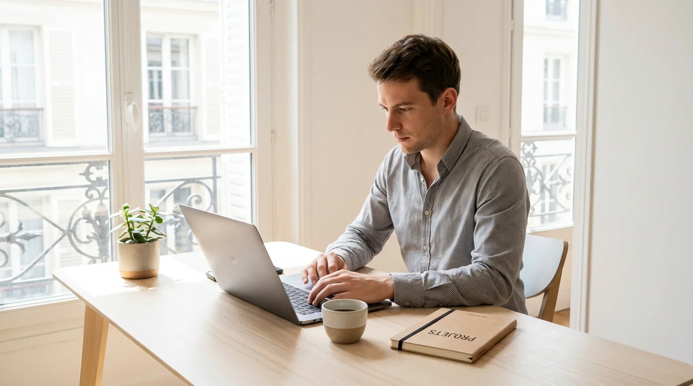 Entrepreneur européen travaillant sur un business en ligne depuis son bureau à domicile en France