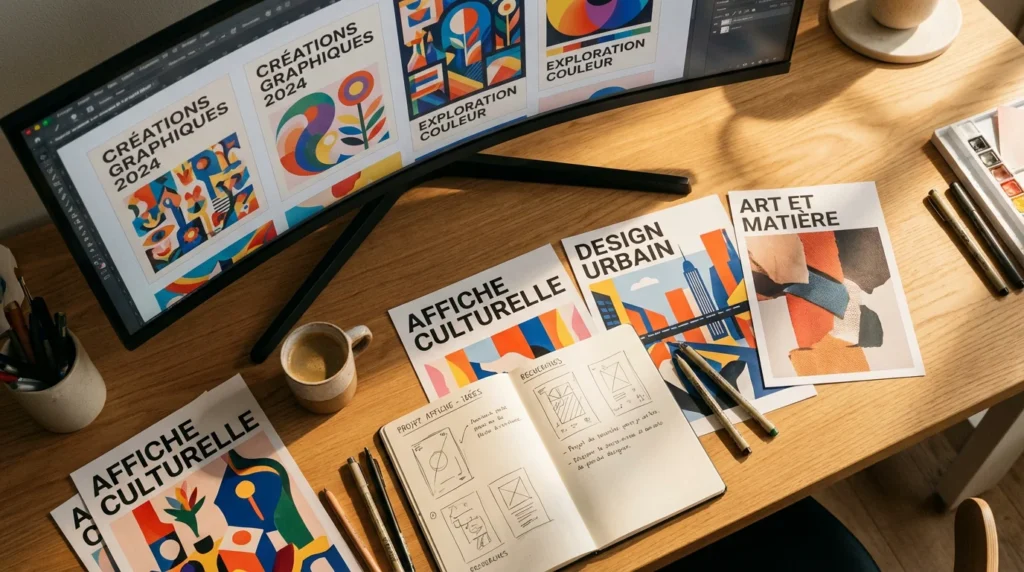 Bureau d'un créateur comparant des plateformes de print on demand pour vendre ses designs