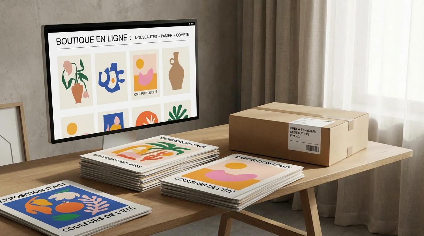 Espace de travail d'un créateur vendant des prints en ligne via le print on demand