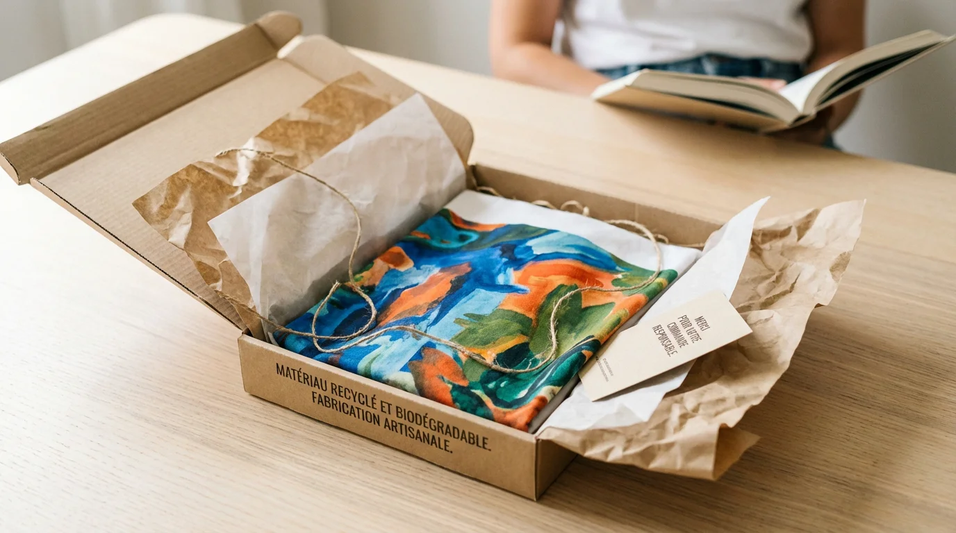 Colis éco-responsable de print on demand avec un t-shirt artistique imprimé