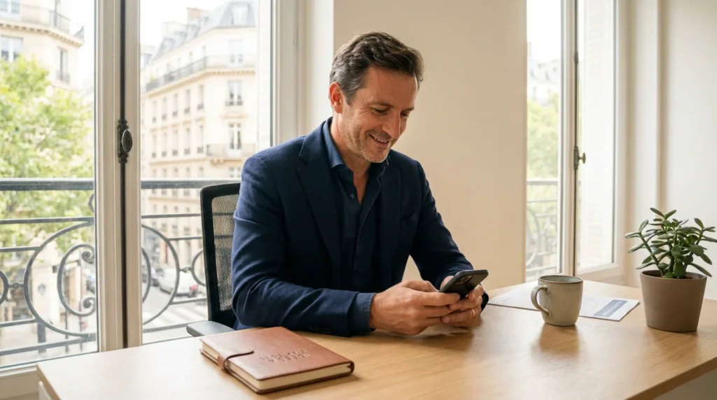 Entrepreneur français consultant son smartphone avec un numéro de portable professionnel
