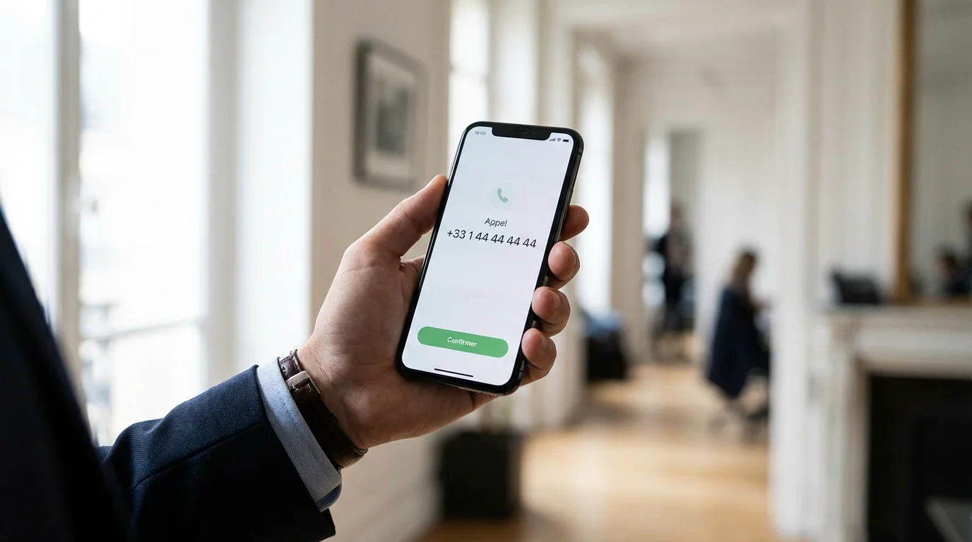 Main tenant un smartphone affichant un numéro de portable facile à retenir