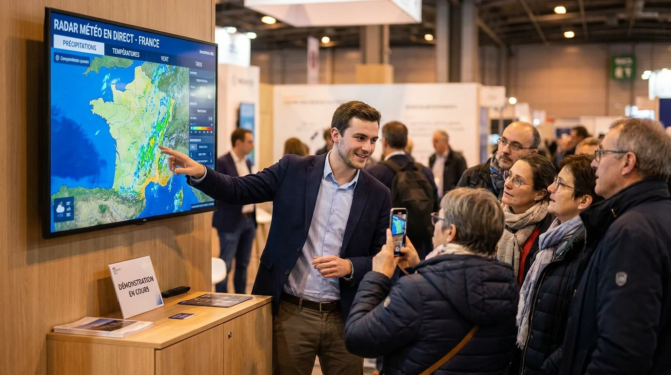 Un fondateur présente son produit en démonstration live sur un stand du Festival Chasseurs d'Orages