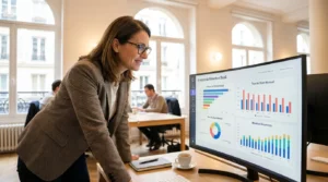 Entrepreneur analysant les métriques de churn d'un SaaS sur un écran dans un espace de coworking