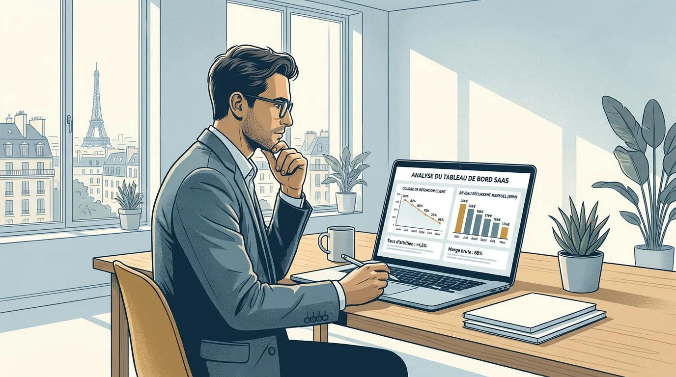 Fondateur SaaS analysant un tableau de bord de rétention client sur son ordinateur portable