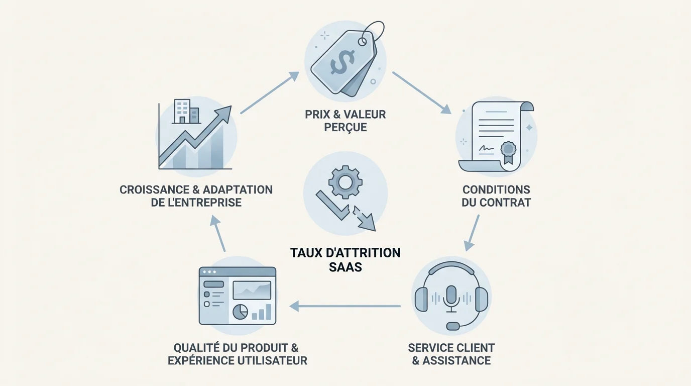 Illustration des cinq facteurs clés qui influencent le taux de churn d'un SaaS