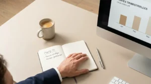 Bureau d'entrepreneur avec carnet et graphiques pour illustrer la prise de décision