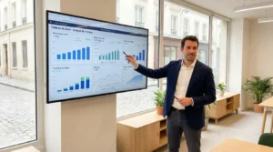 Entrepreneur présentant un tableau de bord de plateforme SaaS dans un bureau moderne