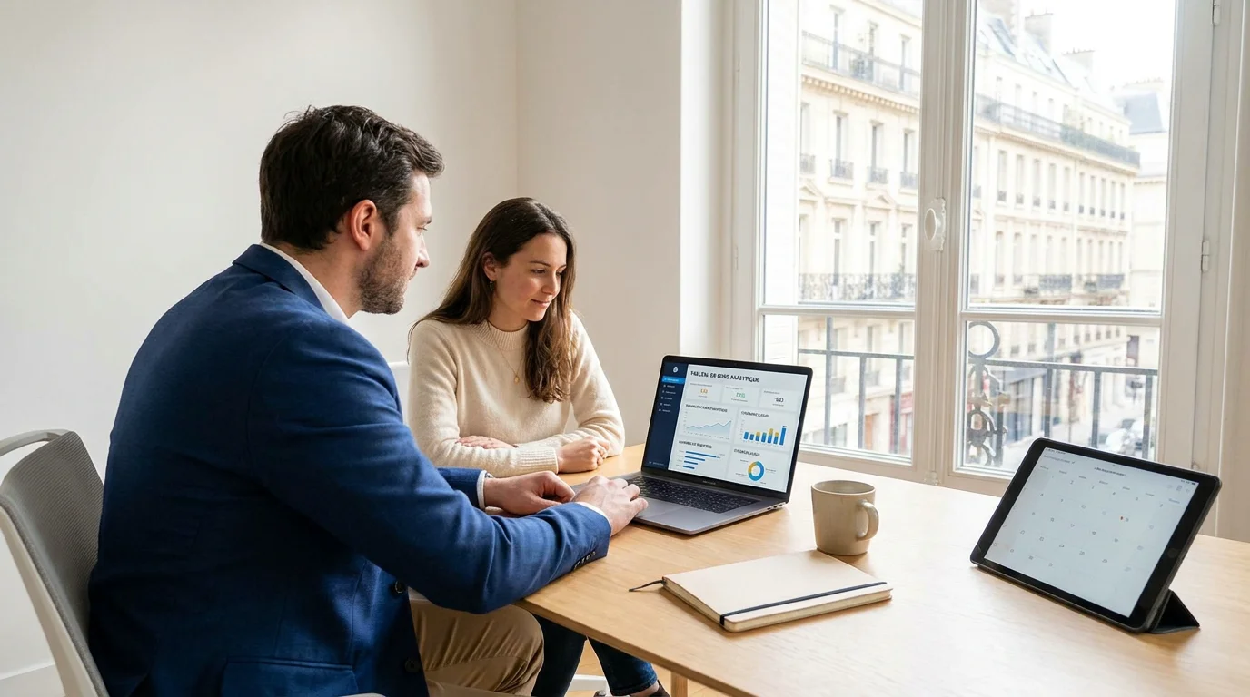 Entrepreneur travaillant sur une plateforme SaaS depuis un espace de travail moderne