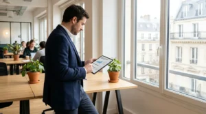 Auto-entrepreneur consultant ses charges sur une tablette dans un espace de coworking en France