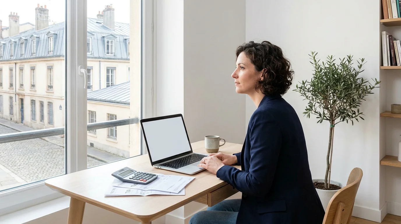 Auto-entrepreneur calculant ses charges à son bureau en France