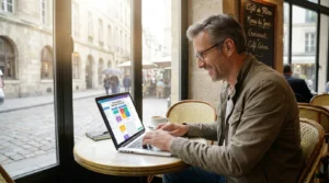 Entrepreneur européen créant une application sans coder sur un ordinateur portable dans un café parisien