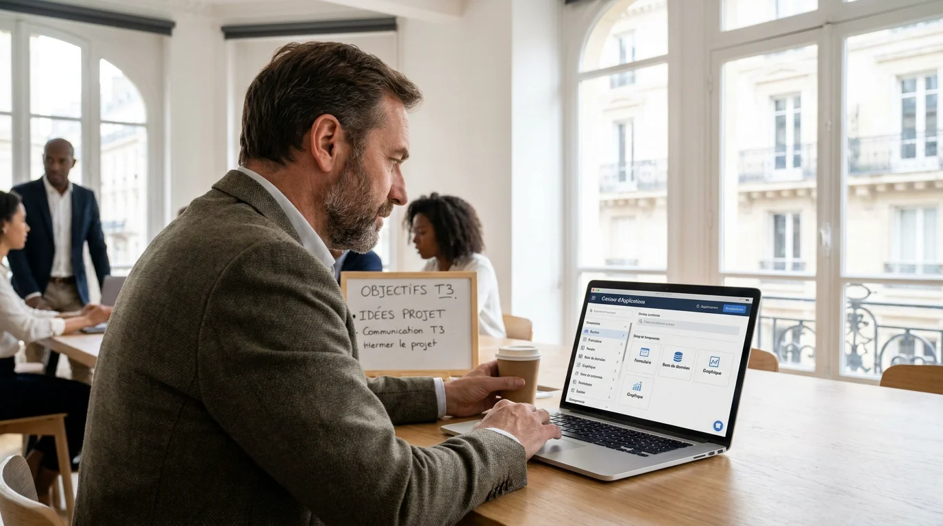 Entrepreneur européen créant une application sans coder sur un ordinateur portable dans un espace de coworking moderne