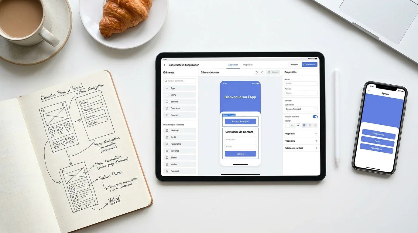 Bureau avec tablette affichant un outil no-code, carnet de wireframes et smartphone montrant un aperçu d'application