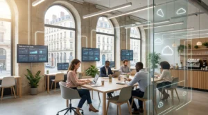 Espace de travail moderne illustrant l'utilisation de solutions SaaS dans le cloud