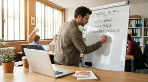 Entrepreneur définissant sa stratégie de prix de lancement sur un tableau blanc dans un espace de coworking