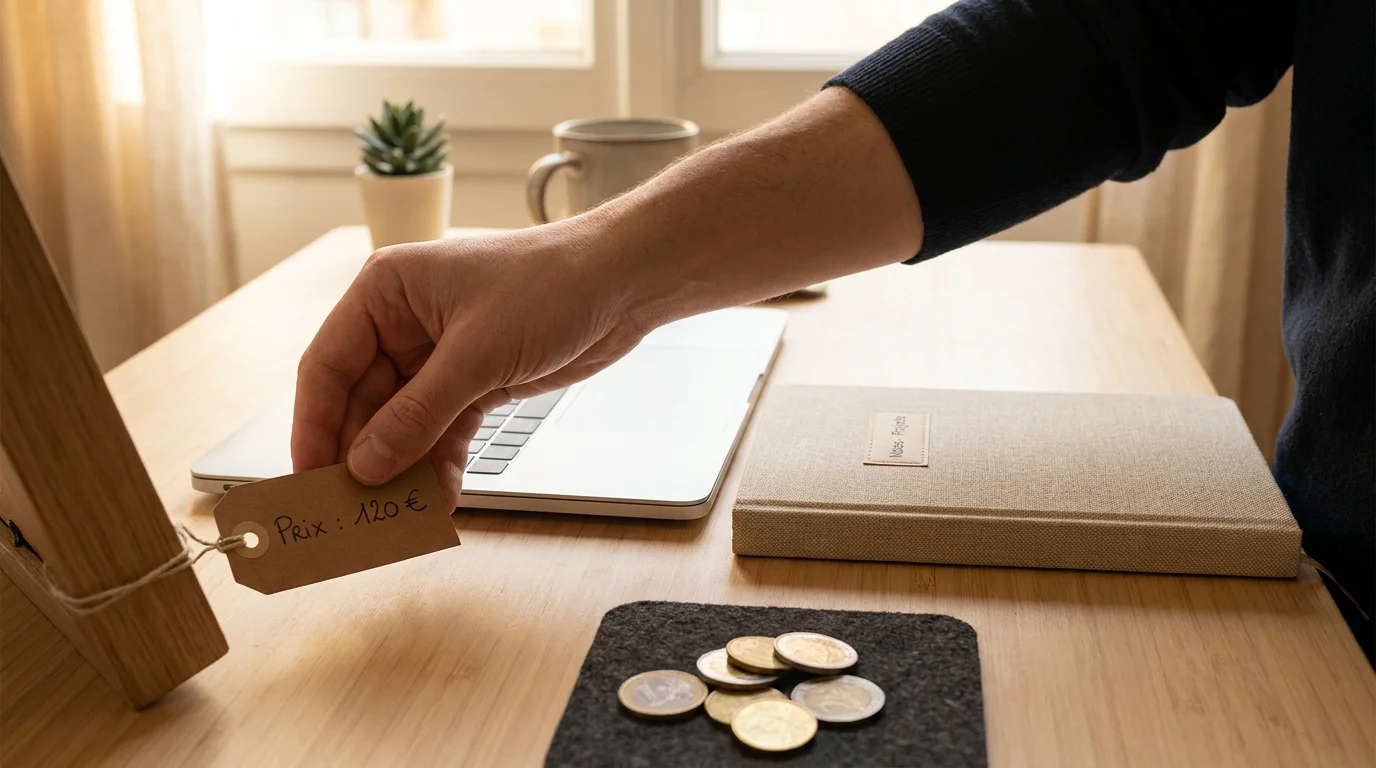 Fixation du prix de lancement sur un bureau professionnel avec étiquette de prix et euros