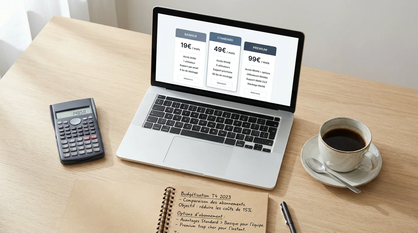 Écran d'ordinateur affichant une grille tarifaire d'abonnement SaaS avec calculatrice et notes