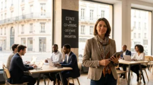 Femme entrepreneure dans un espace de coworking moderne en France