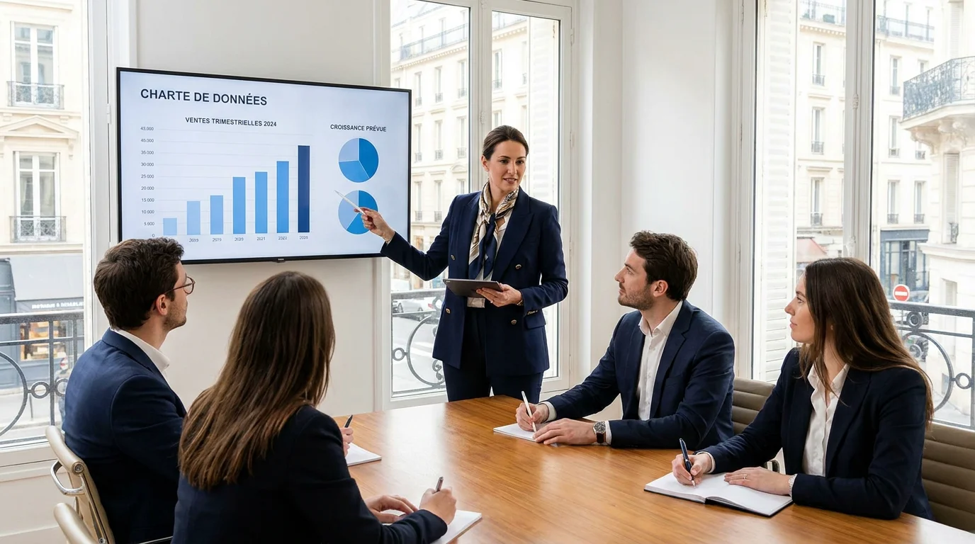 Entrepreneure présentant ses résultats dans un environnement professionnel en France