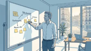 Entrepreneur européen esquissant un concept de produit minimum viable sur un tableau blanc