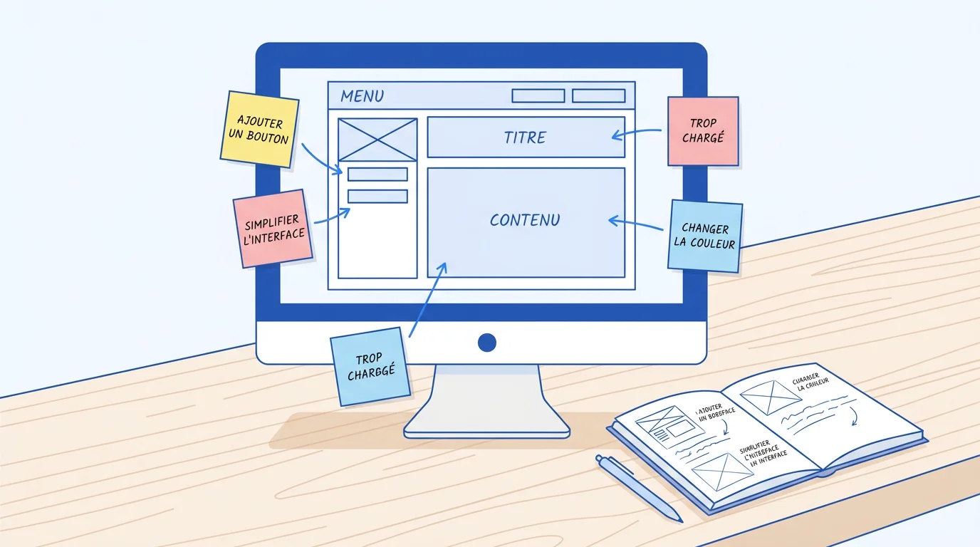 Illustration d'un MVP sous forme de wireframe simplifié avec des post-its de feedback utilisateur