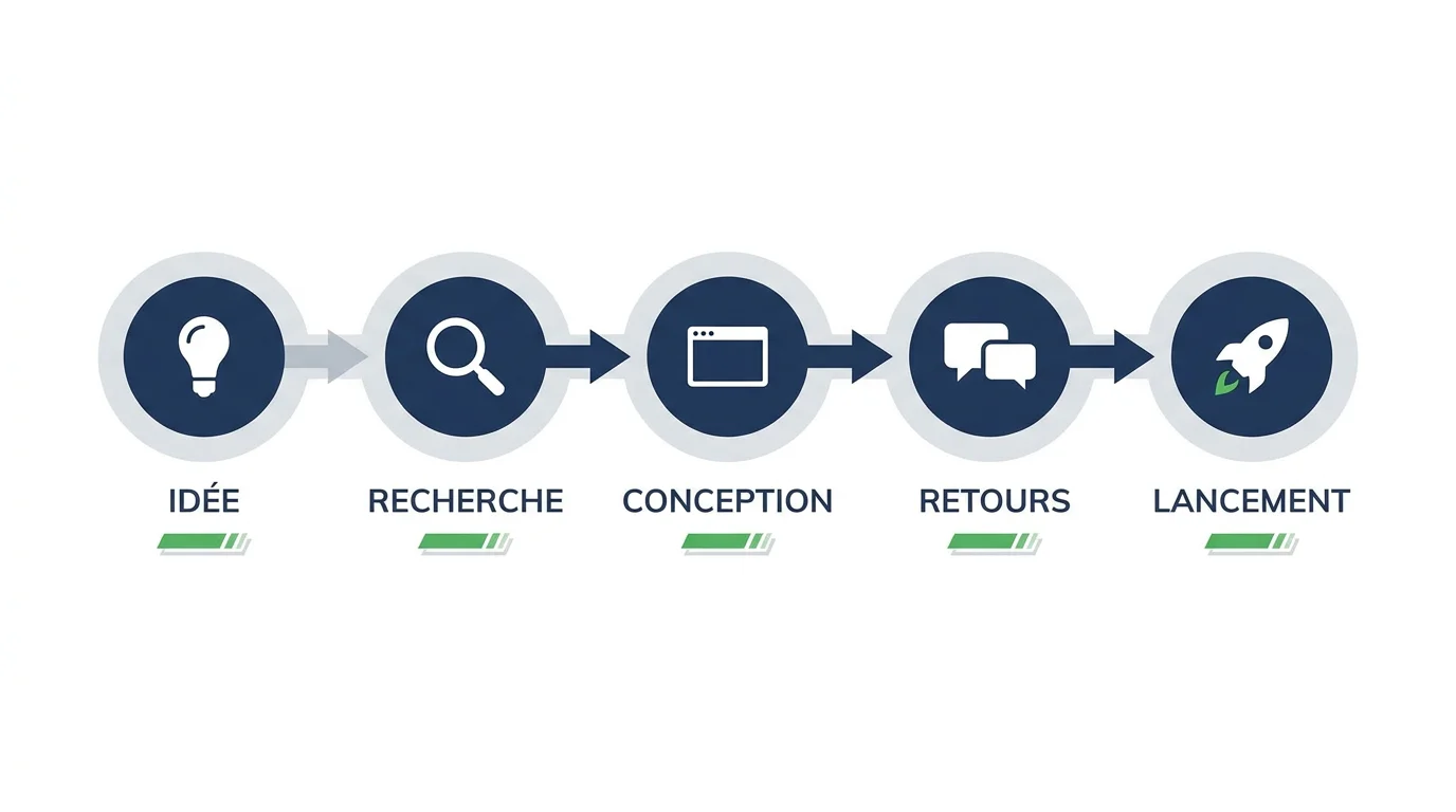 Roadmap visuelle des 5 étapes pour construire un MVP, de l'idée au lancement