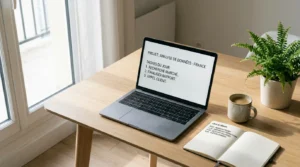 Bureau minimaliste et organisé d'un solopreneur productif avec carnet de planification et ordinateur