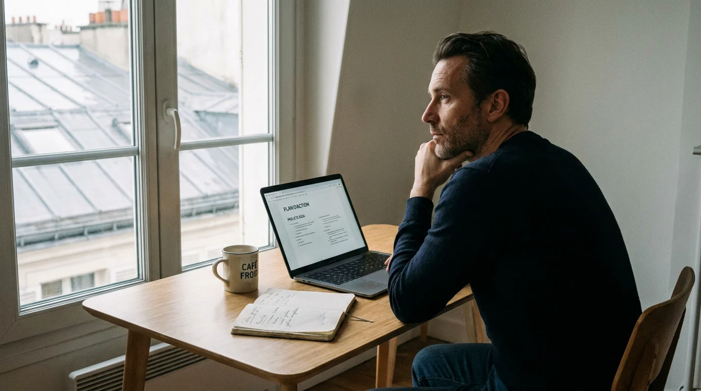 Solopreneur seul à son bureau à domicile, illustrant l'isolement du travail indépendant