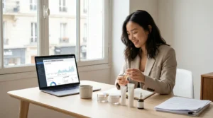 Jeune entrepreneure asiatique analysant des produits skincare coréens sur son bureau avec boutique en ligne ouverte