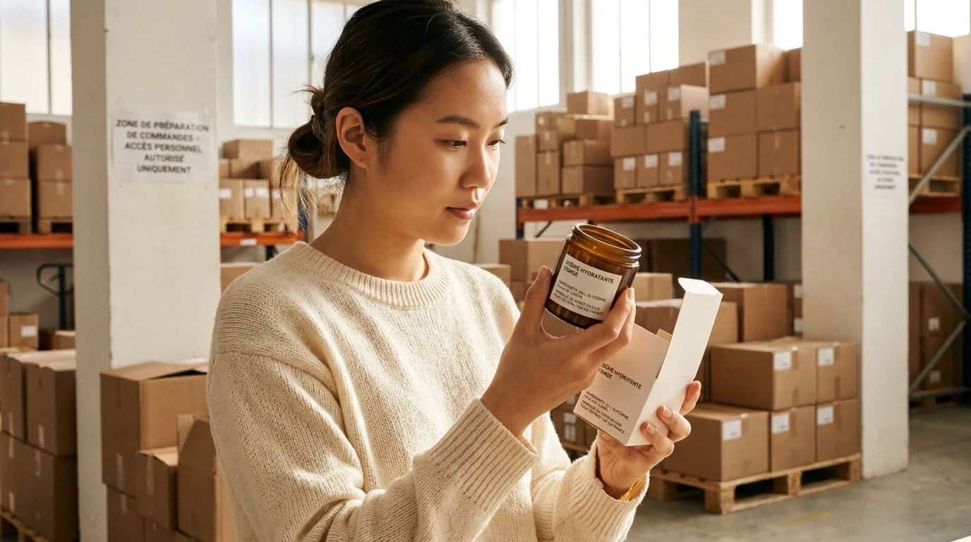 Jeune femme asiatique inspectant des produits skincare coréens dans un entrepôt logistique moderne