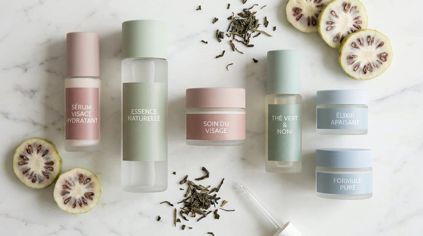 Mise à plat de produits skincare coréens avec des ingrédients naturels comme le noni et le thé vert