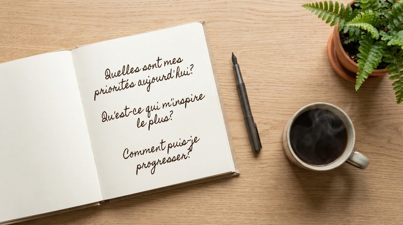 Carnet ouvert avec des questions d'introspection notées à la main