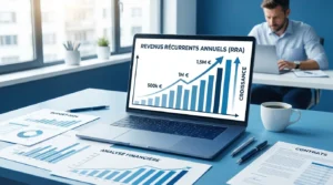 Bureau de fondateur SaaS avec écran affichant la croissance de l'ARR (Annual Recurring Revenue)