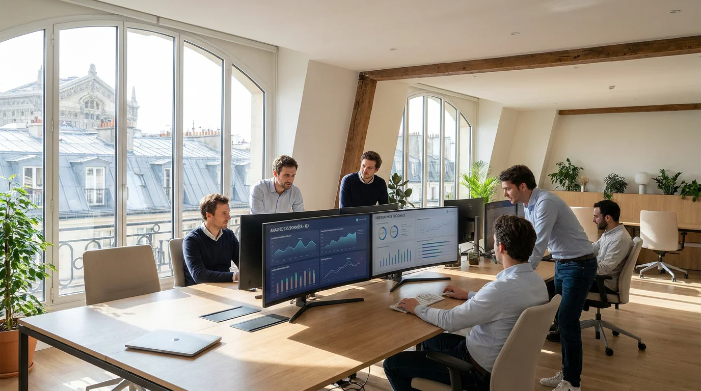 Professionnels européens analysant des tableaux de bord SaaS dans un bureau moderne à Paris